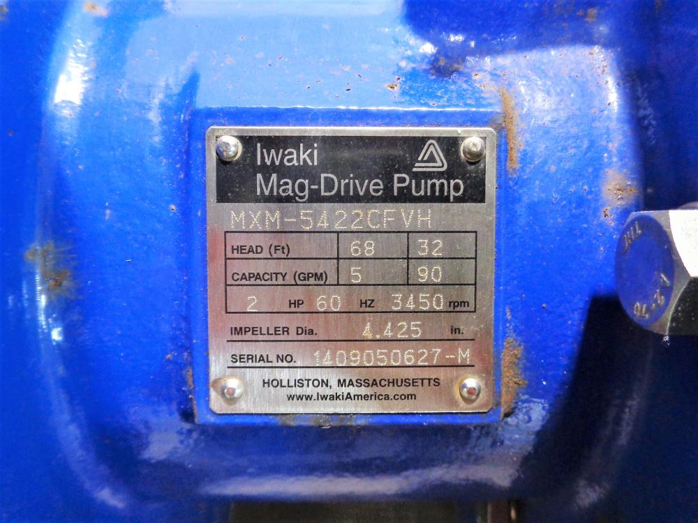 Iwaki 2" x 1.5" Lined Mag-Drive Pump MXM-5422CFVH w/ 2HP Baldor Reliance Motor